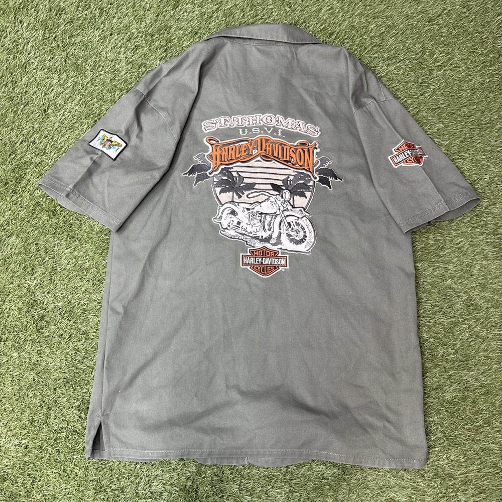 Harley Davidson Mens Button SS Shirt Khaki Green St Thomas Size‎ M Big Back Hit